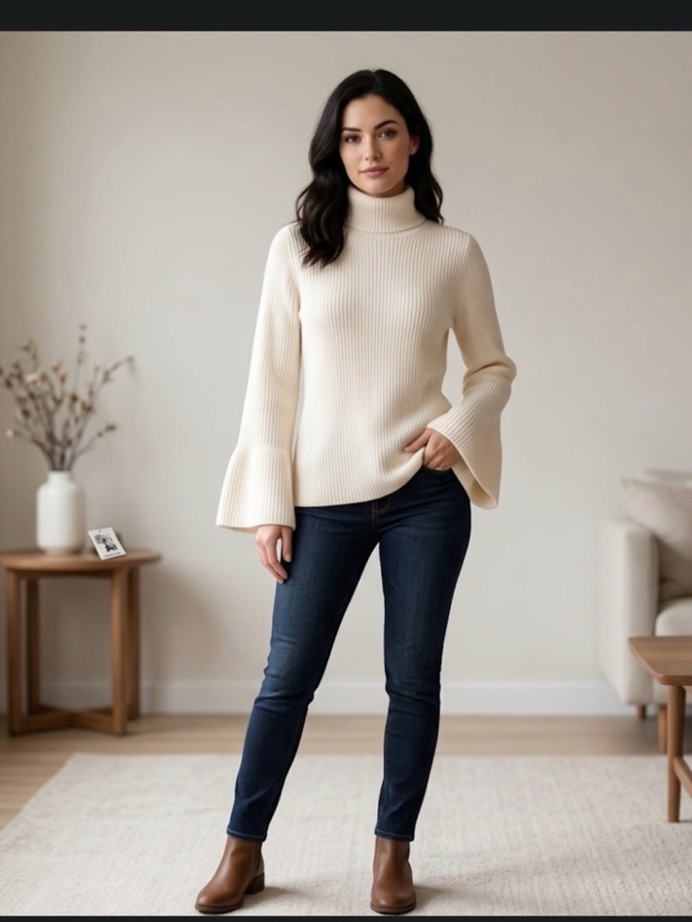 Anne Klein Cream Ribbed Turtleneck Sweater